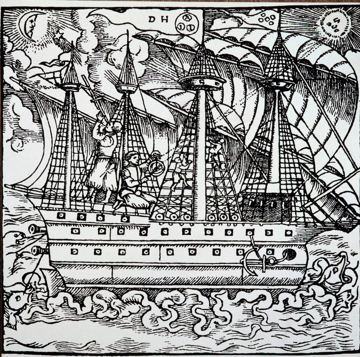 En navigatør på en portugisisk karavel ved hjelp av en astrolabium. Gravering fra reisehistoriene til den tyske navigatøren Hans Staden (1525-1579) av Unknown artist