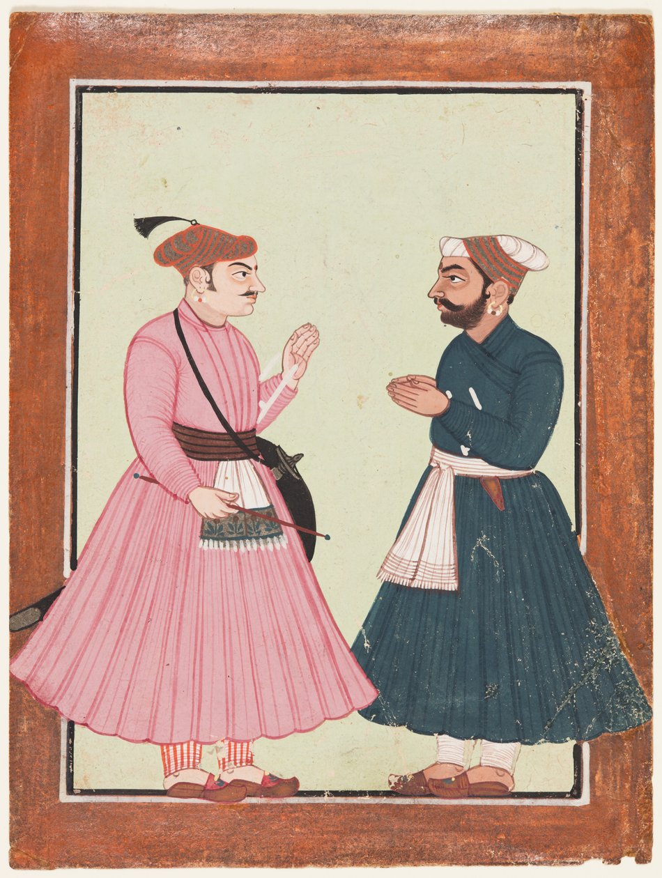 En adelsmann, sannsynligvis Raja Gaur Sen, mottar en annen adelsmann av Unknown artist