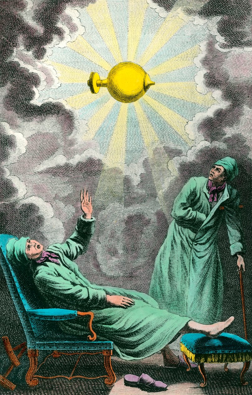 En paralytiker strekker ut hånden til en elektrisk lyskilde som kan gjenopprette styrken hans. Frontispice henter fra "The war of paralysis by electricite", et verk dedikert til Monsignor the Marechal Duke of Noailles, av Abbe Sans. Gravering av J. B. Chev av Unknown artist