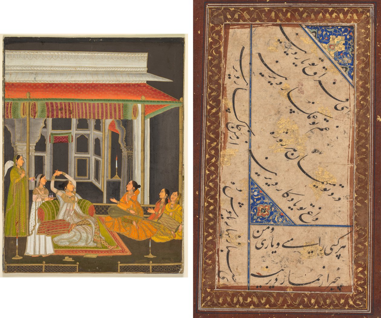 En prinsesse på en terrasse med ledsagere om natten (recto); Kalligrafi (verso) av Unknown artist