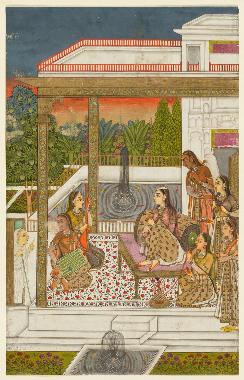 En prinsesse med ledsagere på en terrasse av Unknown artist