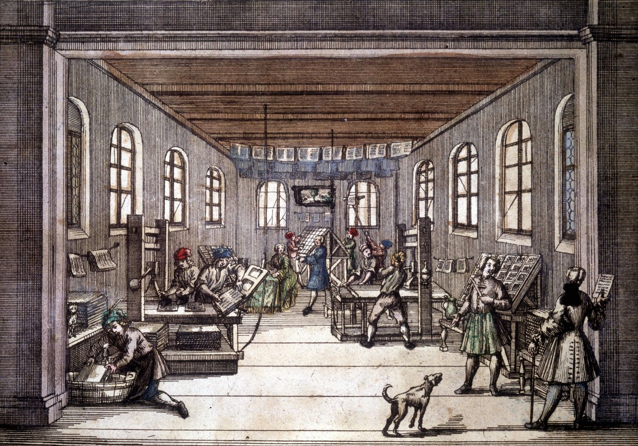 Et trykkeri på begynnelsen av 1700-tallet. av Unknown artist