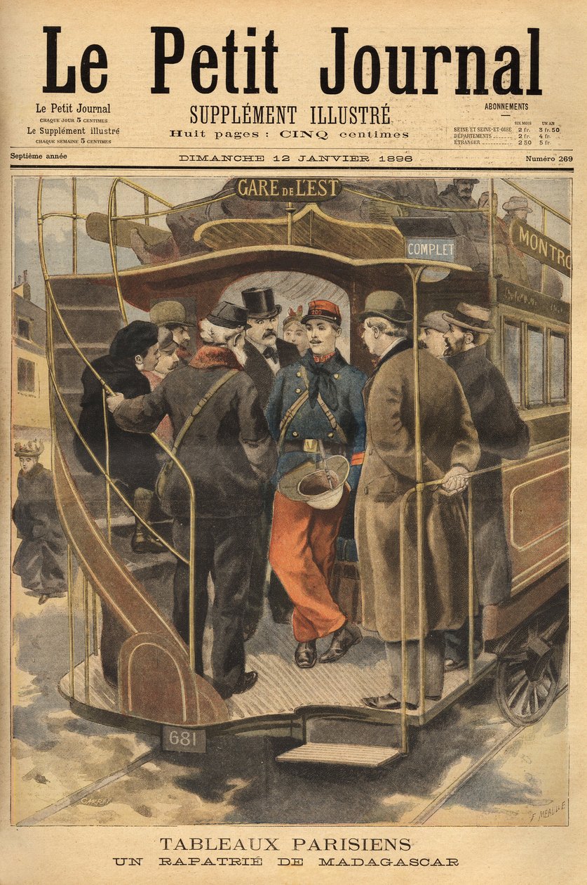 En repatriert fra Madagaskar på omnibusplattformen, omgitt av den beundringsverdige mengden. Gravering i "" Le petit journal"" 26.01.1896. Selvas samling. av Unknown artist