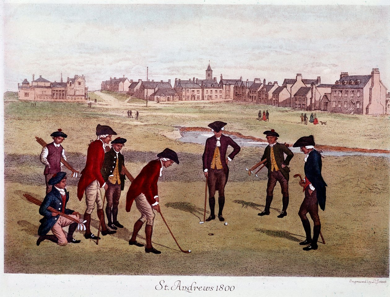 En runde golf med britiske herrer på St. Andrews i Skottland i 1800, hvor spillet ble til. Litografi fra 1800-tallets Paris, dekorativ kunst av Unknown artist