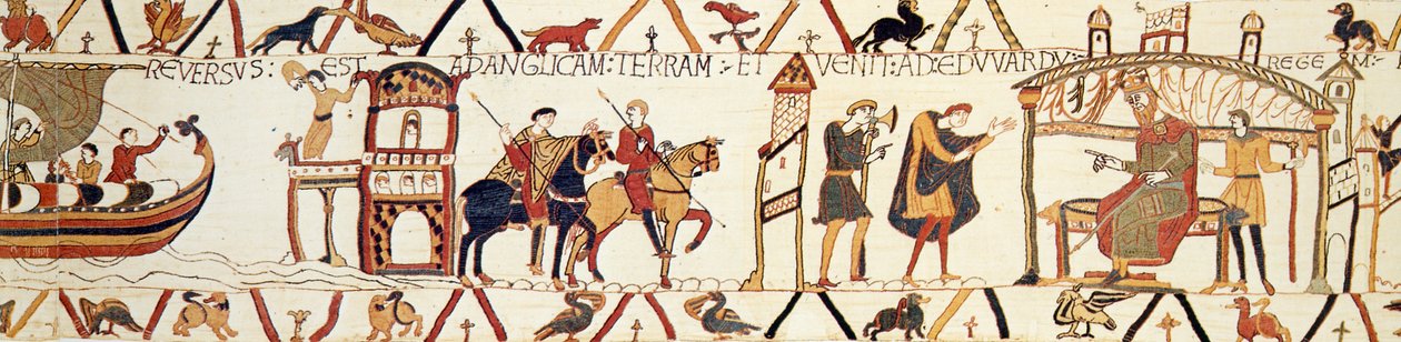 En scene fra Bayeux-teppet som viser kong Edward som snakker med Harold av Unknown artist