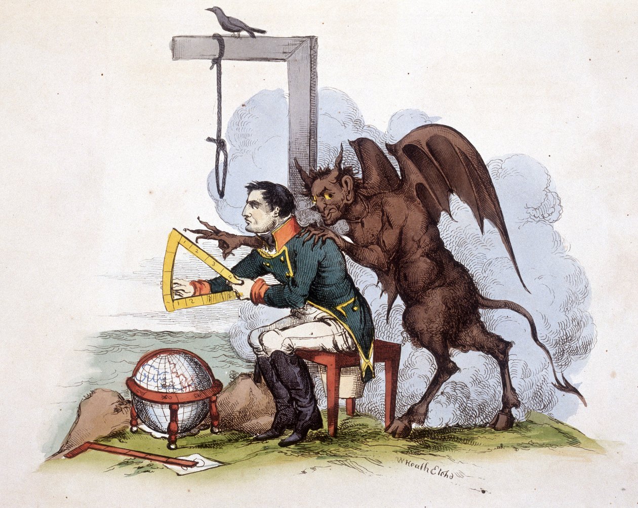 En scene på Elba Island: Napoleon foran en galge med djevelen - i "" Napoleon 1st, karikaturer, dummy-samling", ca. 1814 av Unknown artist