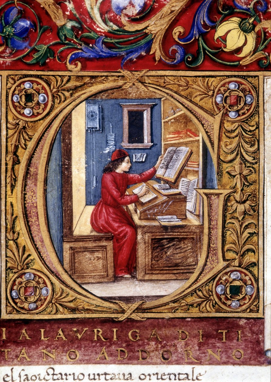 En lærd - på veggen, en av de første representasjonene av en pendel (bokstaven "" g"). 1400-talls manuskript. av Unknown artist