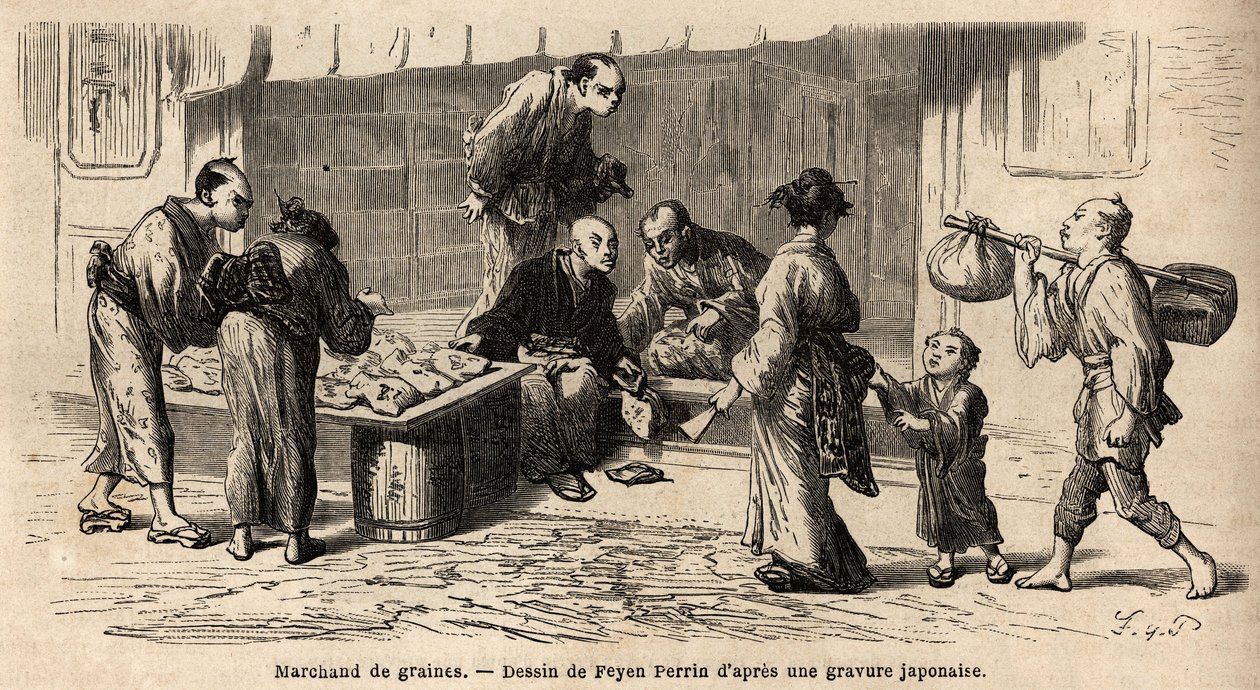 En frøhandler midt i gata. Gravering for å illustrere reisen til Japan, i 1863-1864, av Aime Humbert, minister for det sveitsiske konføderasjonen, i "Le tour du monde, nouveau journal des voyages"" utgitt under ledelse av Edouard Charton av Unknown artist