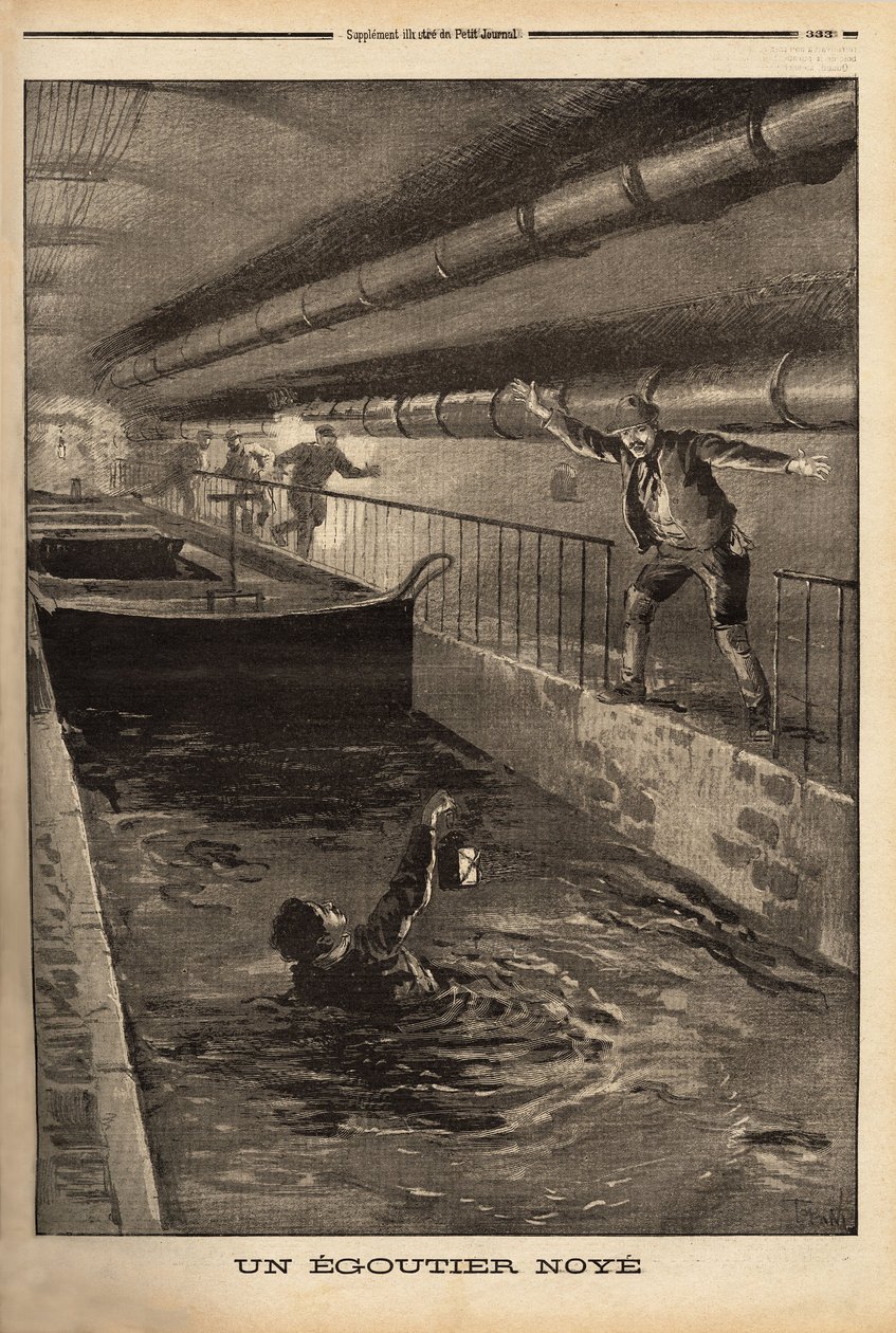 En segutter fra Paris druknes ved å rense en fanous avledning. Gravering i "" Le petit journal"" 15.9.1899. Selva samling. av Unknown artist