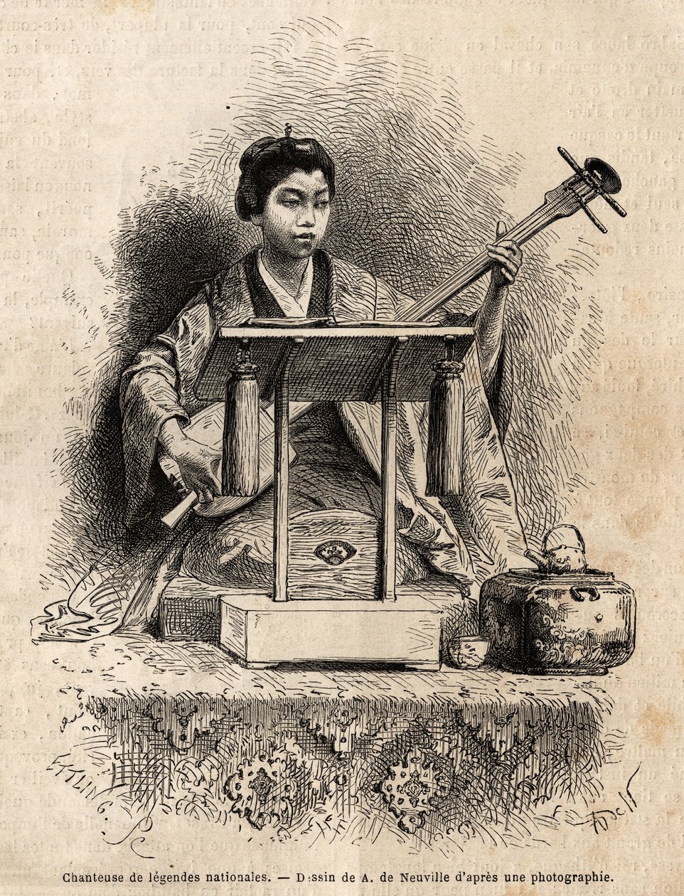 En sanger av nasjonale legender, som spiller shamisen for å akkompagnere sangen hennes, sitter bak skrivebordet hennes. Gravering for å illustrere reisen til Japan, i 1863-1864, av Aime Humbert, minister for det sveitsiske konføderasjonen, i «Le tour du mo av Unknown artist