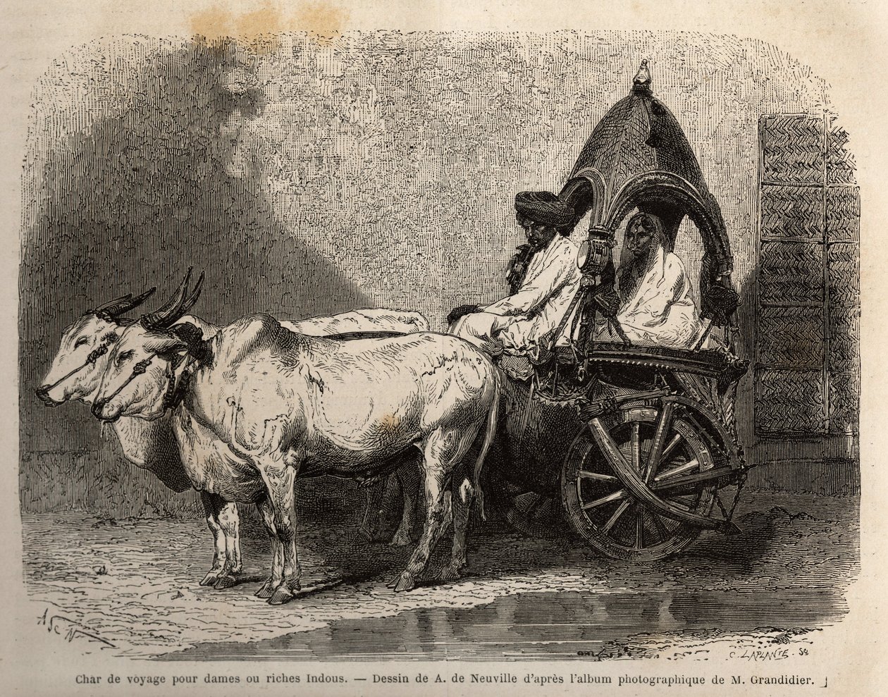 En reisetank avfyrt av to hvite okser, for damer eller rike hinduer. Gravering for å illustrere reisen i meridionalprovinsene i India, av Alfred Grandidier, i 1862-1864, publisert i "" le tour du monde", under ledelse av D