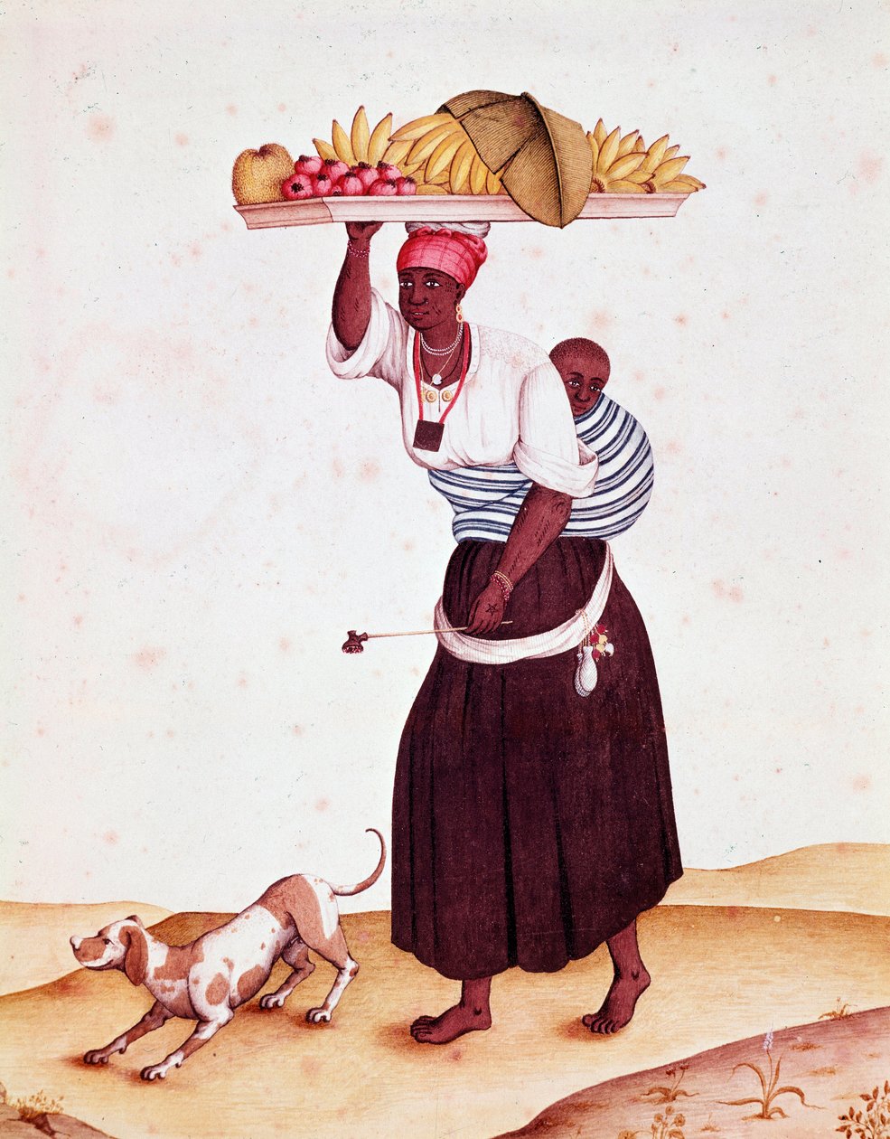Hun er en reisende frukthandler i Bresilian og bærer barnet sitt bak ryggen. Akvarell fra 1700-tallet. Rio de Janeiro, Nasjonalbiblioteket av Unknown artist