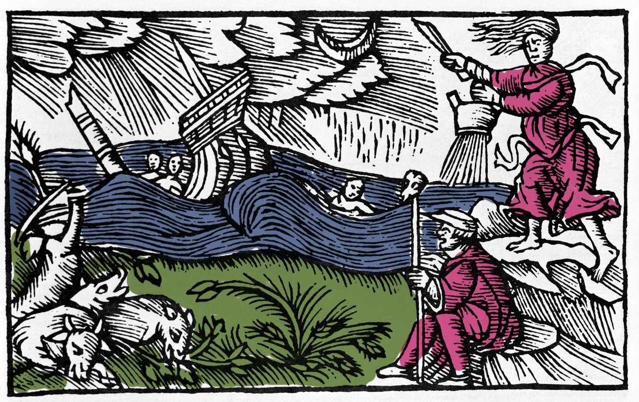 En heks forårsaker storm etter "Historia de gentis septentrionalibus" av Olaus Magnus, Roma 1555 av Unknown artist