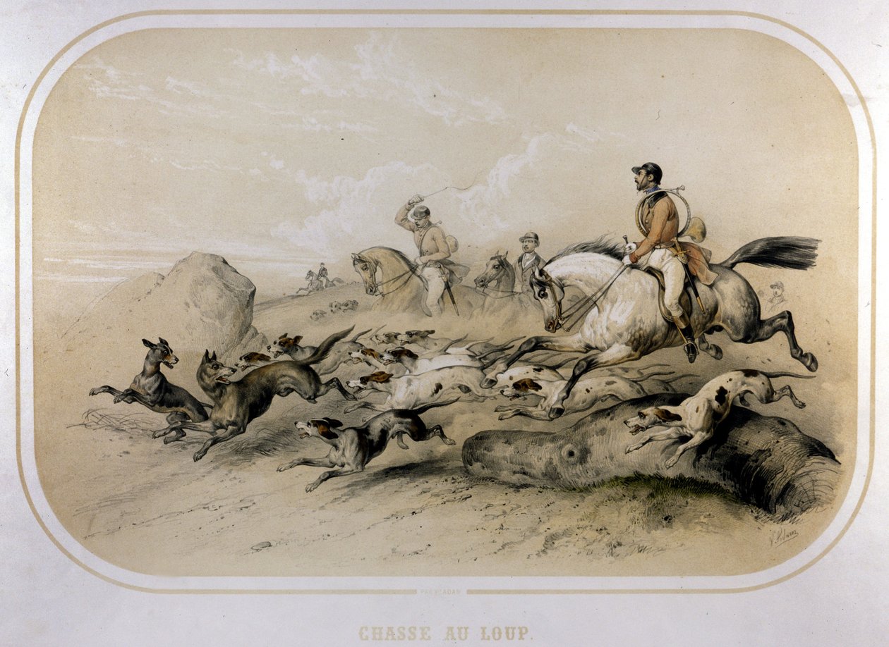 En ulvejakt. 1800-talls gravering. av Unknown artist