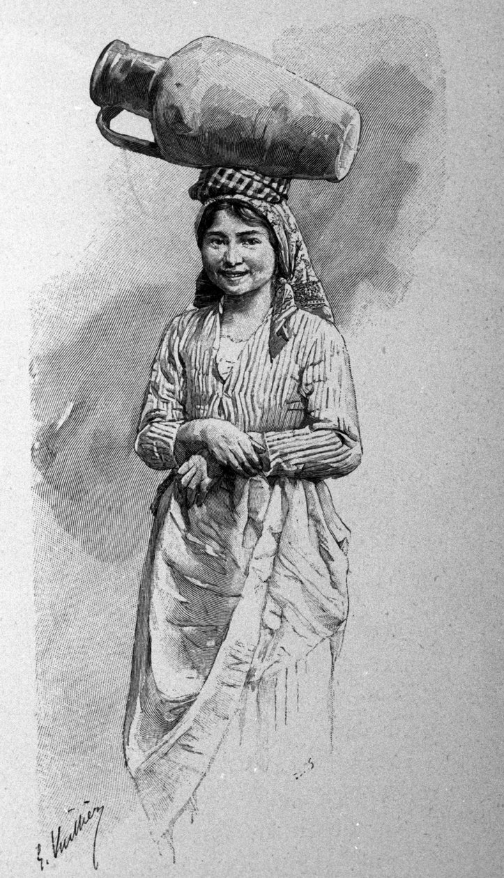 En ung siciliansk kvinne som bærer en kanne på hodet. av Unknown artist