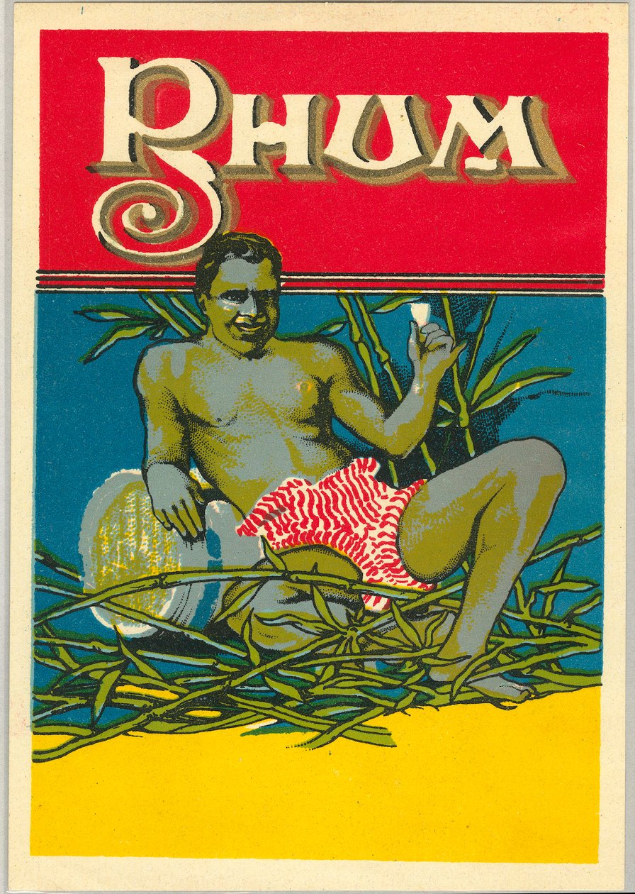 En ung, svart mann avviser som holder et glass rom (reklame) (kromolitografi av Unknown artist
