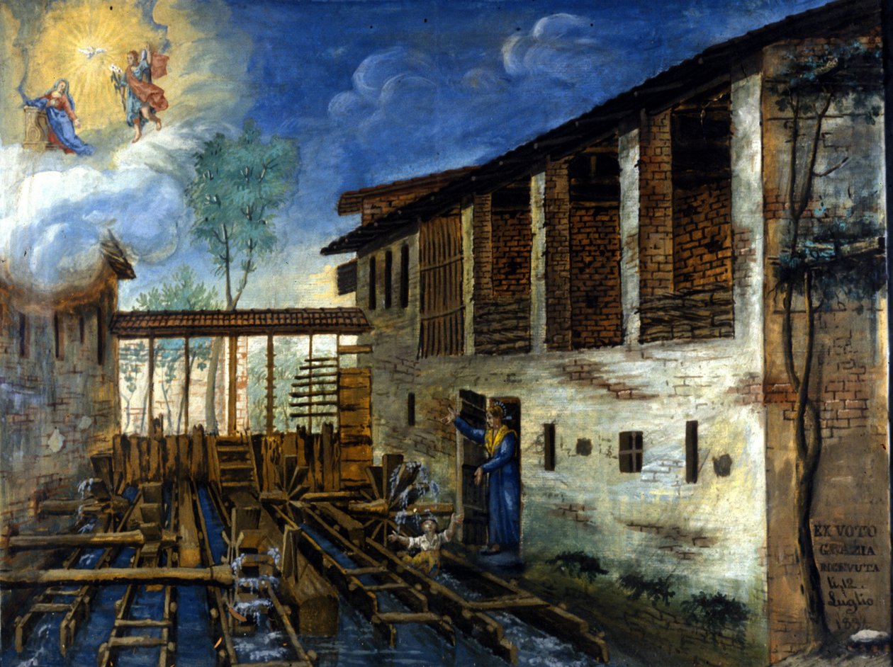 Et lite barn reddet fra pallene til en vannmølle. av Unknown artist