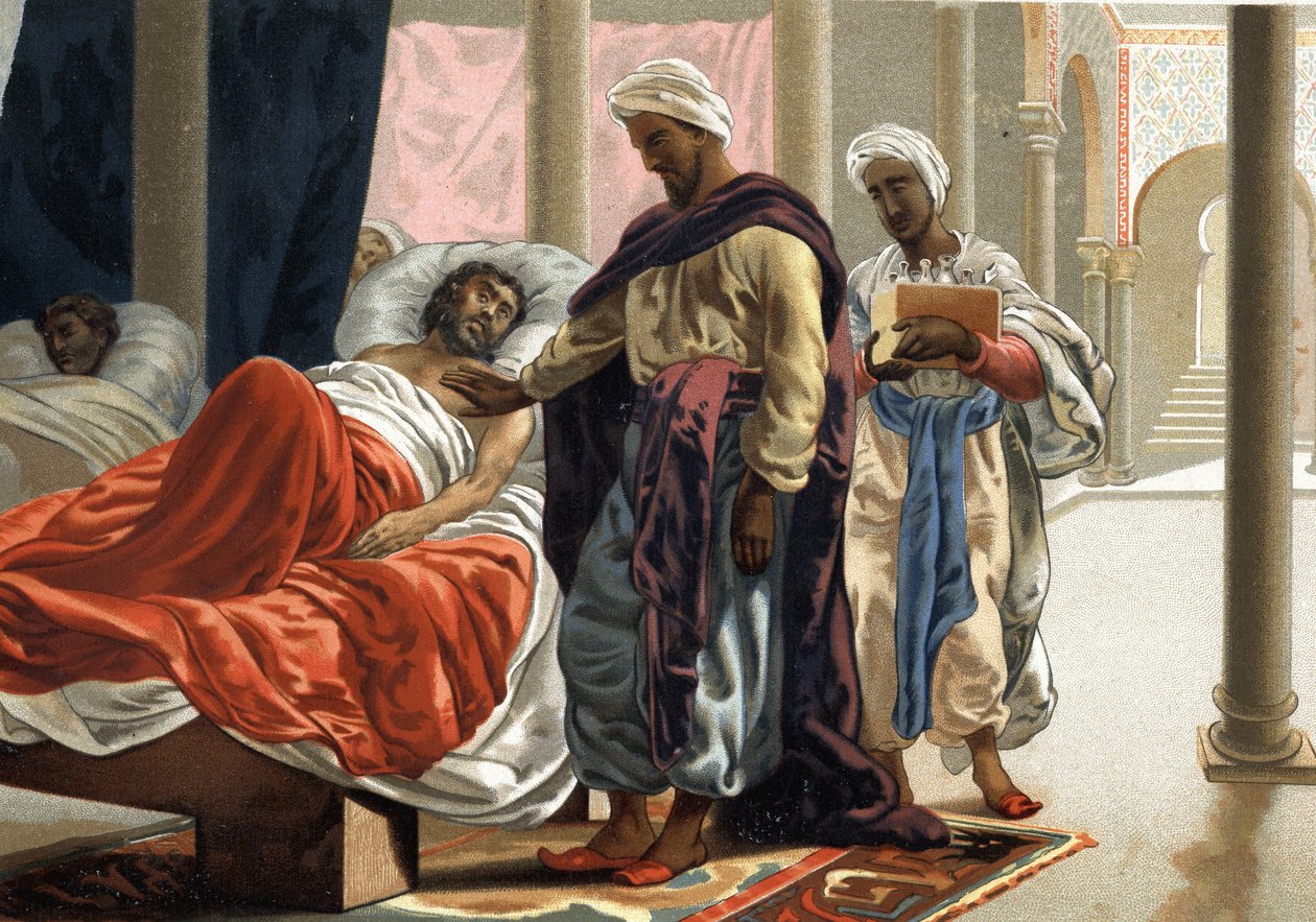 Abulcasis (Abul Qasim ibn Khalaf al-Abbas al-Zahrawi (936 - 1013 e.Kr.) som tar seg av en syk person i Spania rundt år 1000. ifølge «La Ciencia y sus Hombres»» av Louis Figuier. Barcelona 1881 av Unknown artist