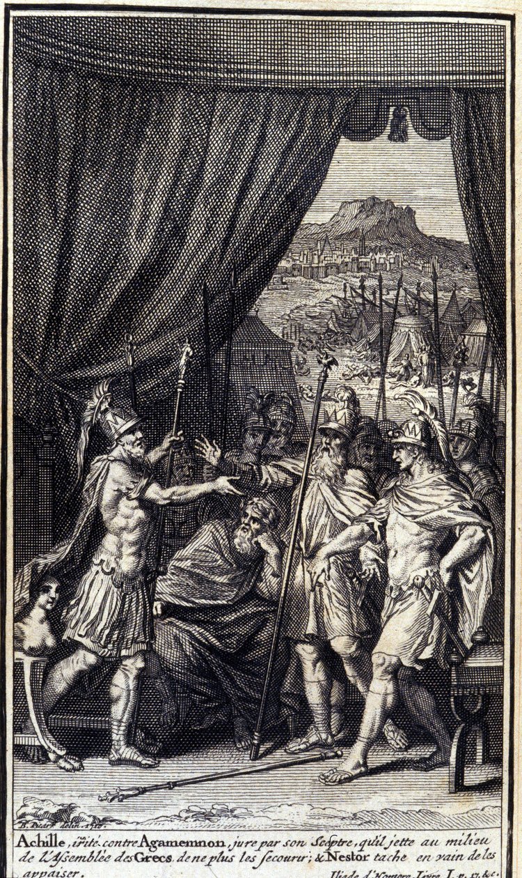 Akilles, irritert mot Agamemnon, sverger ved sitt septer at han kaster midt i forsamlingen av grekerne for ikke å hjelpe dem; og Nestor flekker forgjeves for å blidgjøre dem. Illustrasjon av bok I av Iliaden av Homere, fransk utgave av Unknown artist