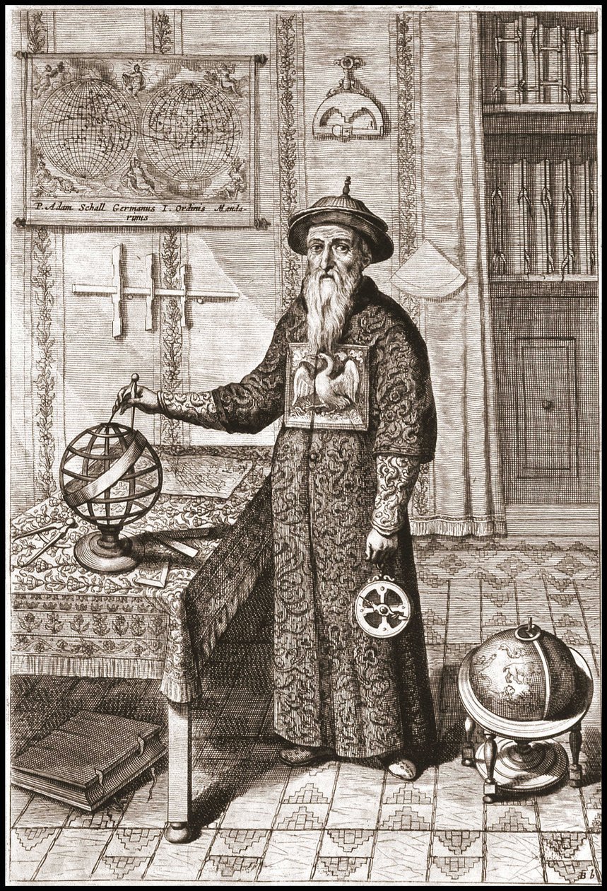 Adam Schall, astronom (1592-1666) i mandarindrakt, med jord- og himmelkloder og astrolabium - i "Kina" av Athanase Kircher (eller Athanasius Kircheri) av Unknown artist