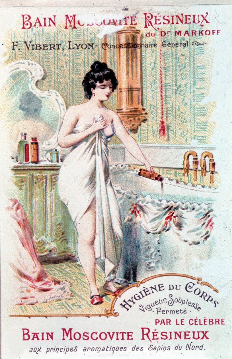 Reklame for Muscovite Resineux-badet, for hygienen til kroppen: en ung kvinne helte en badeolje i badekaret hennes. 1890. av Unknown artist