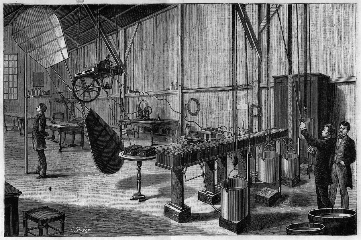 Aerostatisk verksted for Tissandier freres: Oversikt over en propell med to helicoide-paller som drives av en Siemens dynamo elektrisk maskin og et batteri med lette potash bikromatbatterier. Gravering fra 1883. i “” La Nature. Gjennomgang av vitenskaper o av Unknown artist