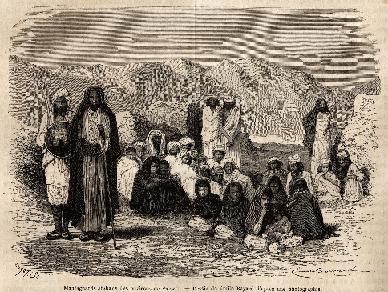 Afghanske Montagnards nær Sarwar. Gravering for å illustrere reisen til Panjab og Kashmir, historie av Guillaume Lejean, i 1866, publisert i "Le tour du monde, nouveau journal des voyages", under ledelse av Edouard Charton av Unknown artist