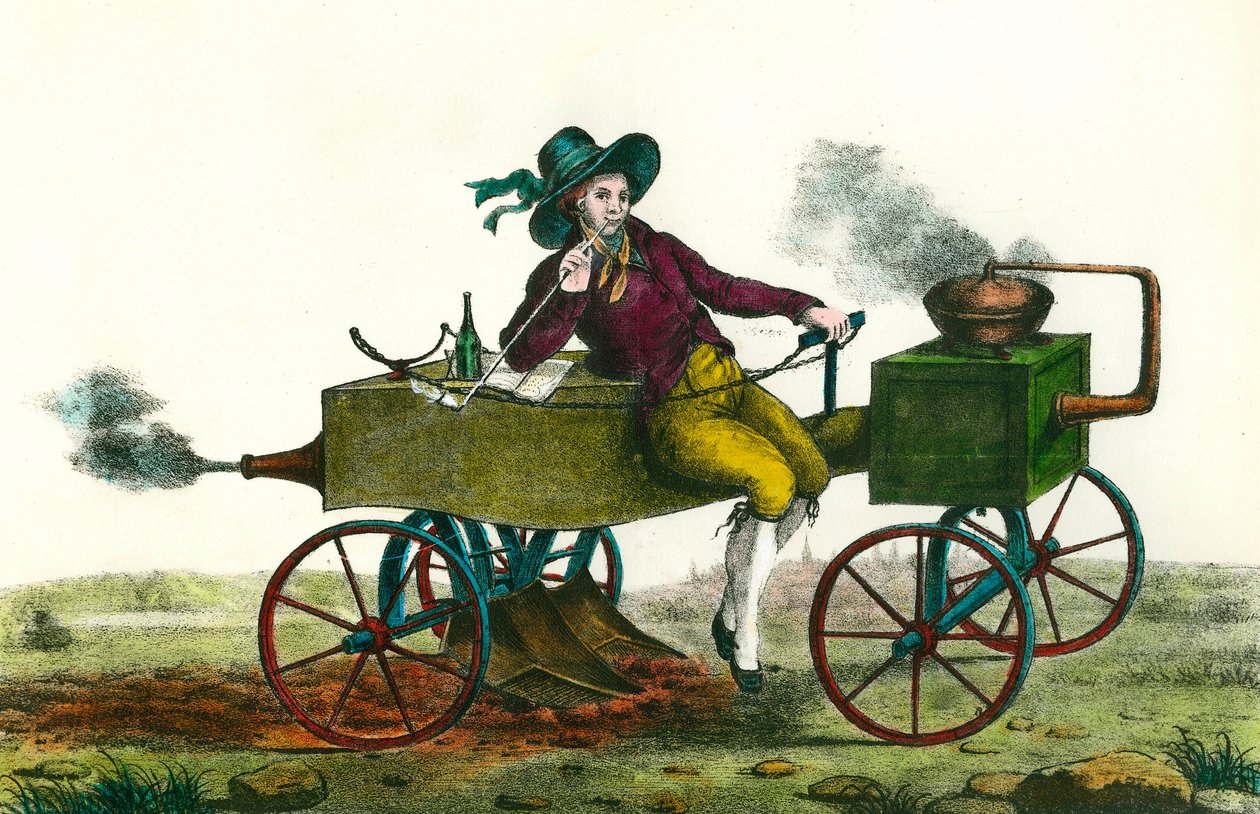 Jordbruk: pløyescene med dampmaskin i 1834. Anonym gravering fra 1834. Privat samling av Unknown artist
