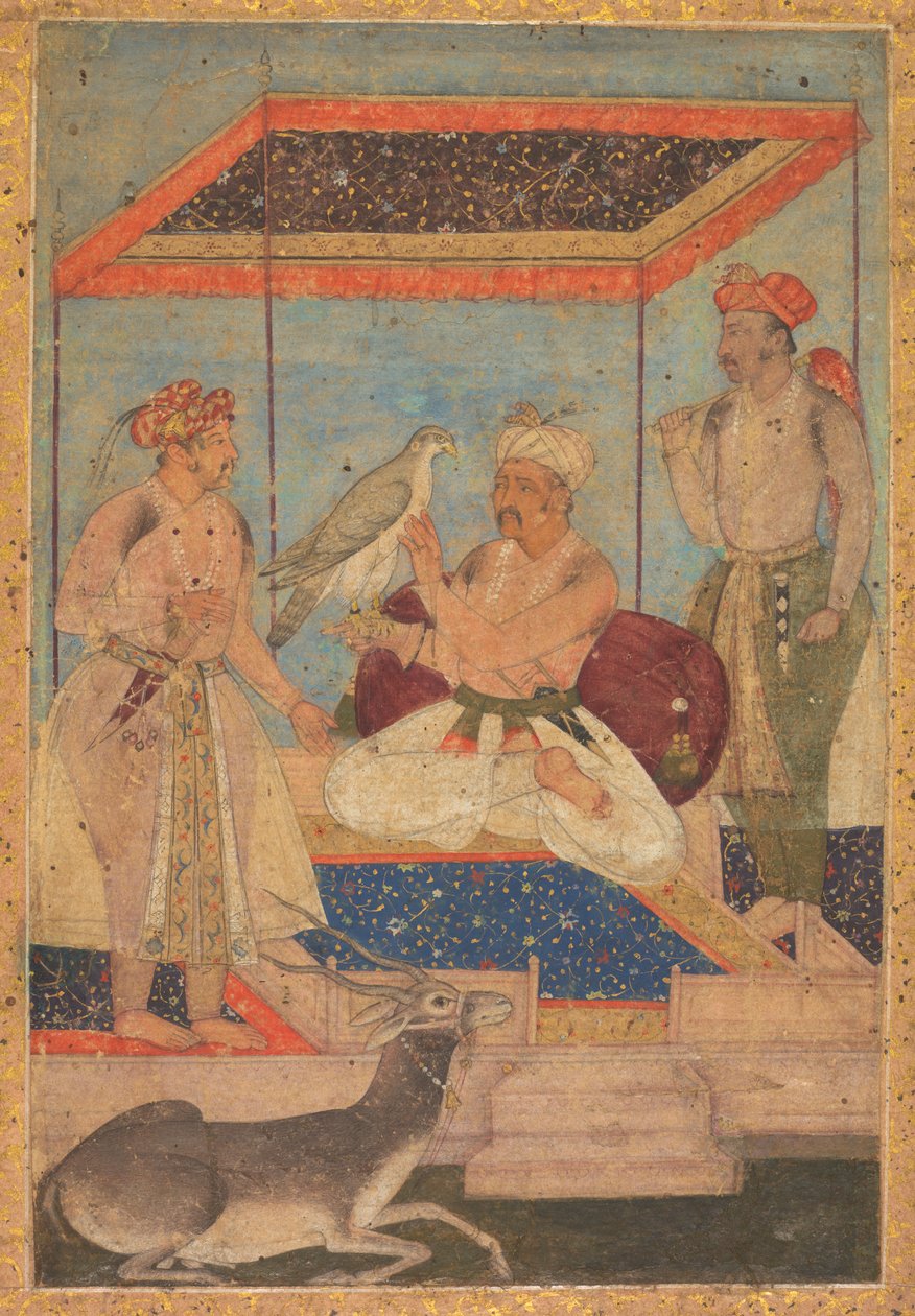 Akbar og Jahangir undersøker en Ghir-falk mens prins Khusrau står bak av Unknown artist