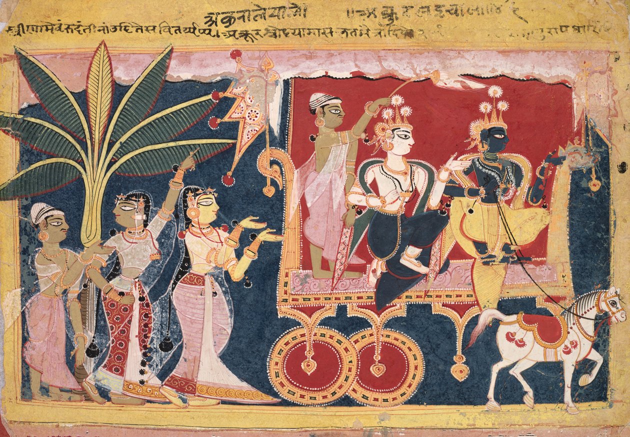Akrur kjører Krishna og Balrama til Mathura (Isarda Bhagavata Purana) av Unknown artist