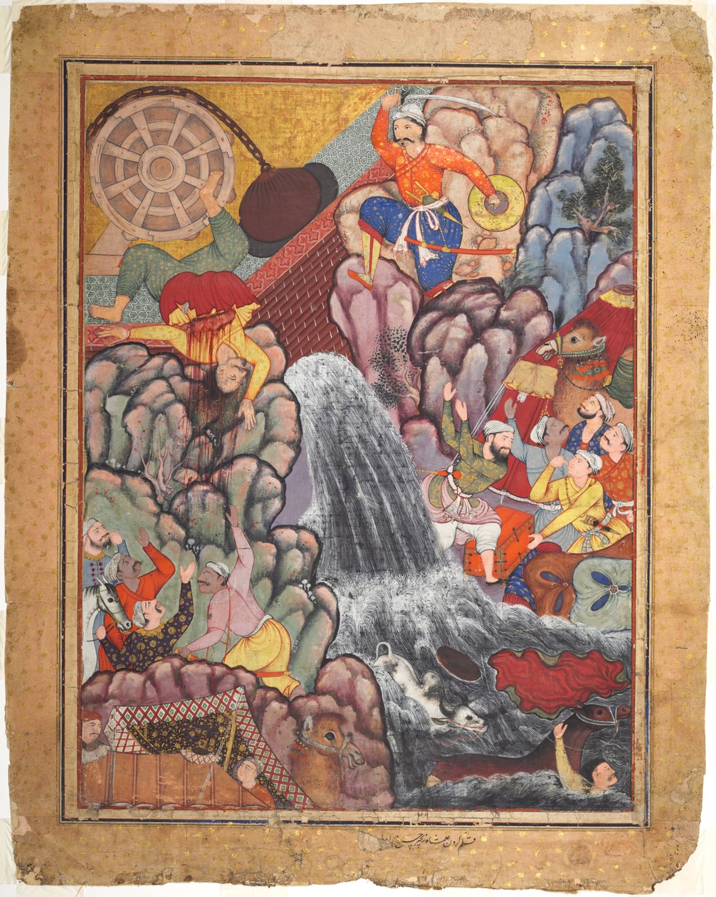 Alamshah som kløyver kjeden på hjulet, fra bind 11 av en Hamza-nama (Adventures of Hamza) av Unknown artist