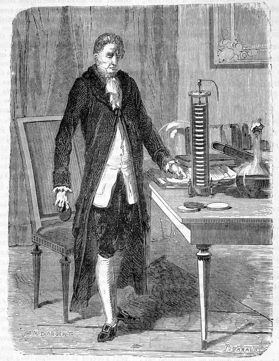 Alessandro (Alexandre) Volta bygde i 1799 elektromotoren eller det elektriske batteriet - gravering av Unknown artist