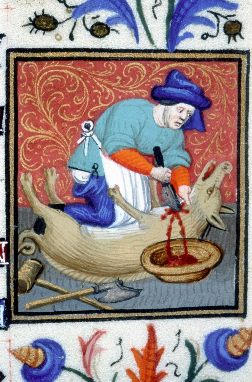 Allegorisk fremstilling av desember. En slakter dreper en gris. Miniatyr av et manuskript fra 1300-tallet. av Unknown artist