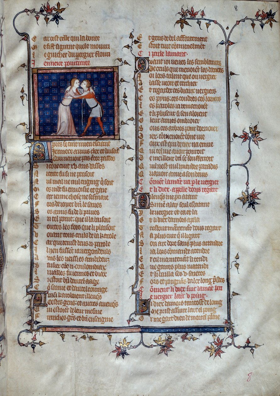 Allegory of Youth Miniature in "" Roman de la rose"" av Jean de Meun, Jean de Meung eller Jean Chopinel, Jean Clopinel (v.1240-1305), ca. 1370. Paris, Bibliotheque Sainte Genevieve av Unknown artist