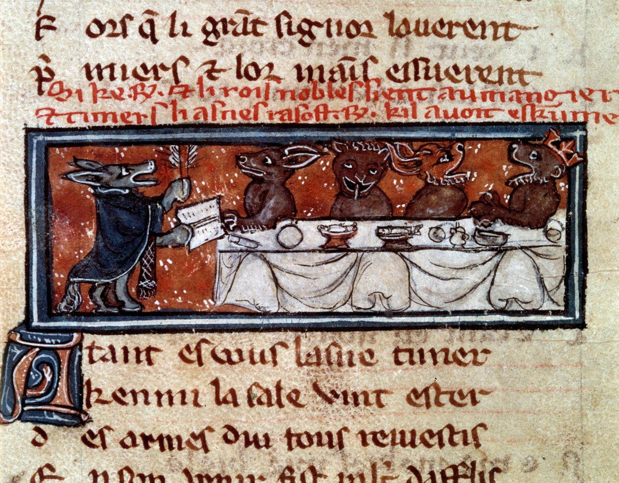 Allegori om middelalderens samfunn: "Ved den adelige kongens bord"". Dyr i menneskelig holdning som viser en bankettscene med en konge og hans hoffmenn. Miniatyr fra manuskriptet "The Roman De Renart Le Nouvel" av Jacquemart Gielee av Unknown artist