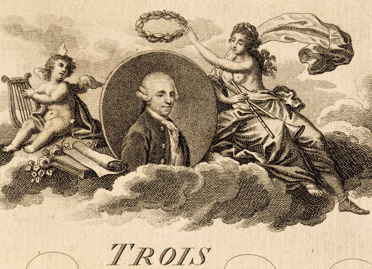 Allegory of Franz Joseph Haydn (1732-1809) på tittelsiden til partituret for Three Quartets, Opus 75, Book I av Unknown artist