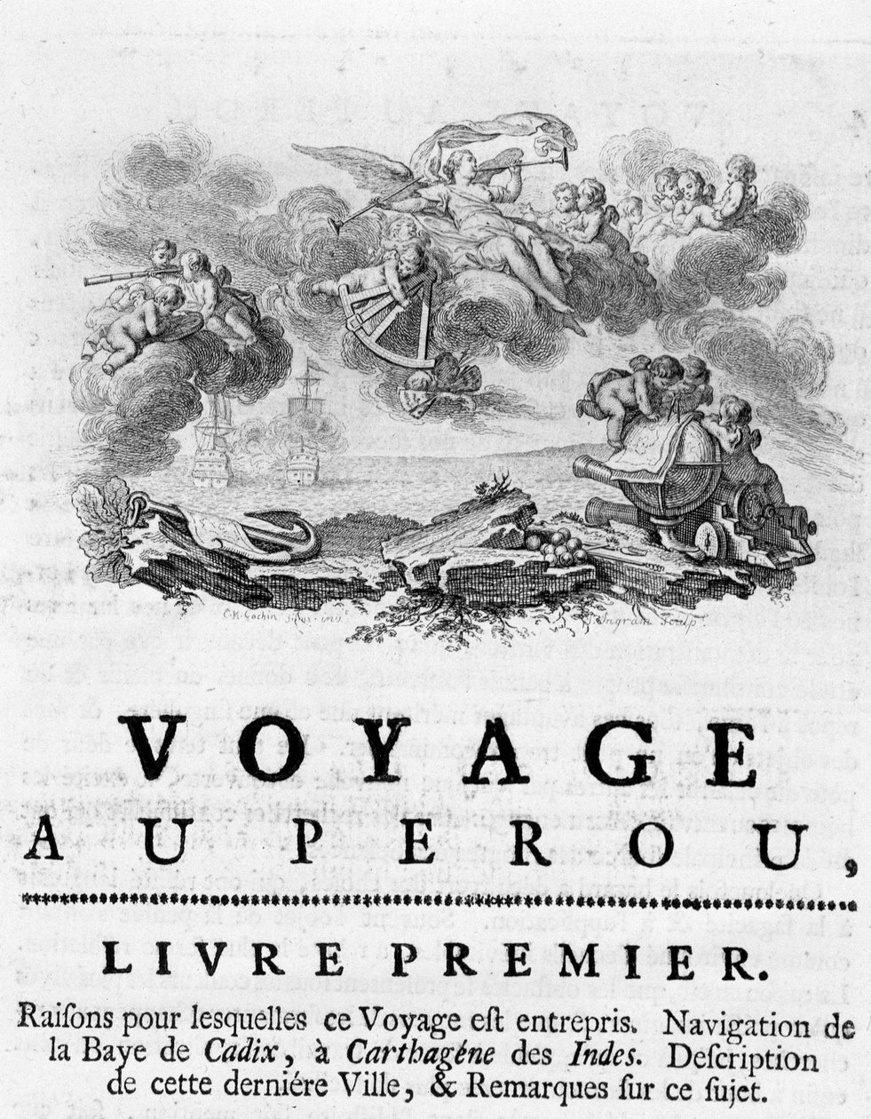 Allegori om "" Reisen til Peru "". Illustrasjon i "" Historical Journey of America Meridionale utført av kongen av Spanias orden"", av Don Georges Juan og Don Antoine de Ulloa, Librairie du Roi, Paris av Unknown artist