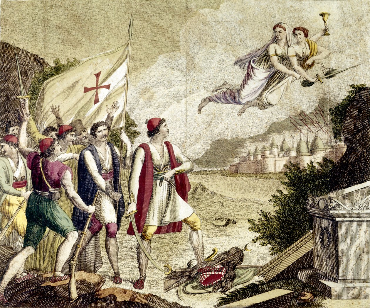 Allegori om gjenoppvåkningen av den nasjonalistiske følelsen av Hellas under osmansk dominans som førte til den greske uavhengighetskrigen (1821-1830) eller den greske revolusjonen. av Unknown artist