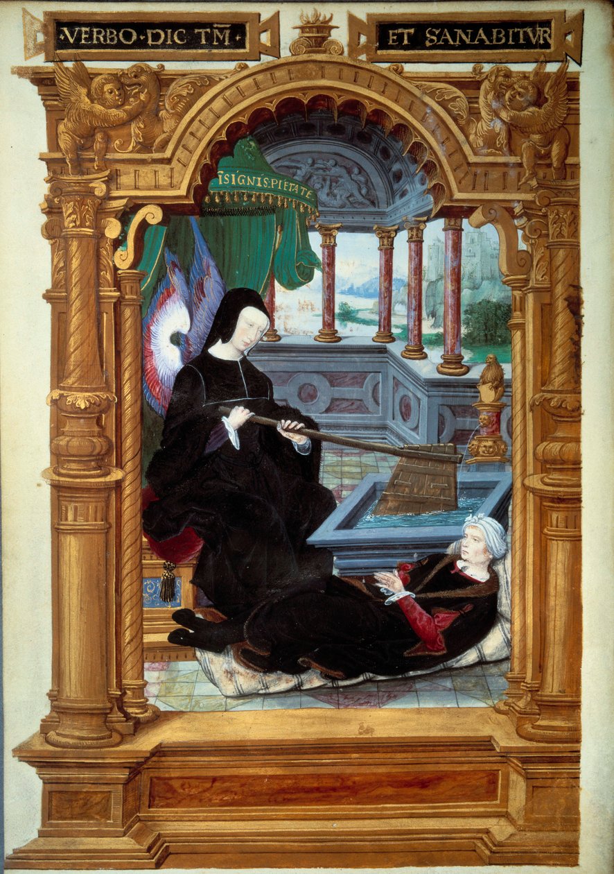Allegori om regenten til Louise de Savoie (1476-1531), mor til Francois I, representerte å holde et ror og bære englevinger. Forfatteren av manuskriptet ligger ved føttene hans. Miniatyr hentet fra "" Geste de Blanche de Castille"" av Etienne Le Bl av Unknown artist