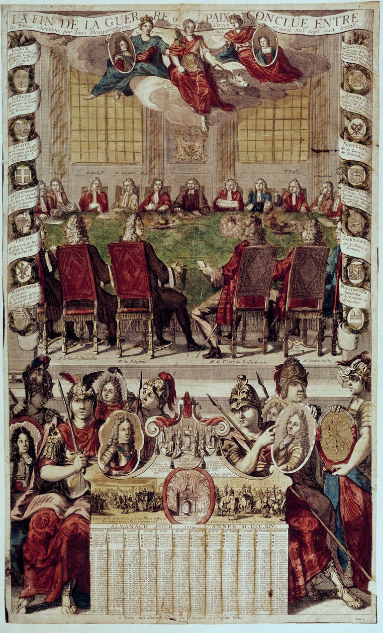 Almanach: representasjon av Utrecht-traktaten som avslutter den spanske arvefølgekrigen undertegnet i Frankrike (kardinal av Polignac) og England 11. april 1713. 1714. Paris, B.N. av Unknown artist