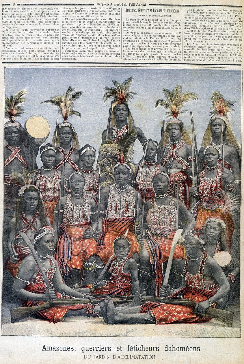 Amazoner, kriger- og Dahomean-fetisjer (fra dagens Benin), fra akklimatiseringens hage - i "" Le Petite Journal"" av 28.02.1891 av Unknown artist