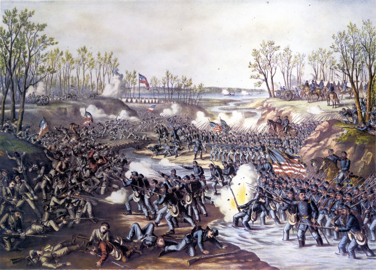 Amerikansk borgerkrig (1861 - 1865): Slaget ved Shiloh eller Pittsburg Landing (Tennessee) 06.-07. april 1862. Gravering av 1800-tallet. av Unknown artist