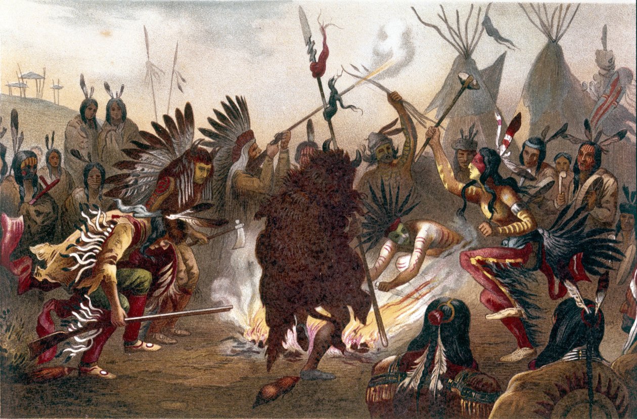 American Indian Ritual (Sørlige Dakota Plains Indians): Sioux War Dance. kromolitografi fra "" The human race "" av Ratzel, omtrent 1890 av Unknown artist