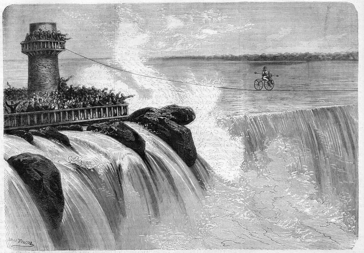 Amerikanske Jenkins krysset Niagara Falls på en Velocipede i 1869. av Unknown artist