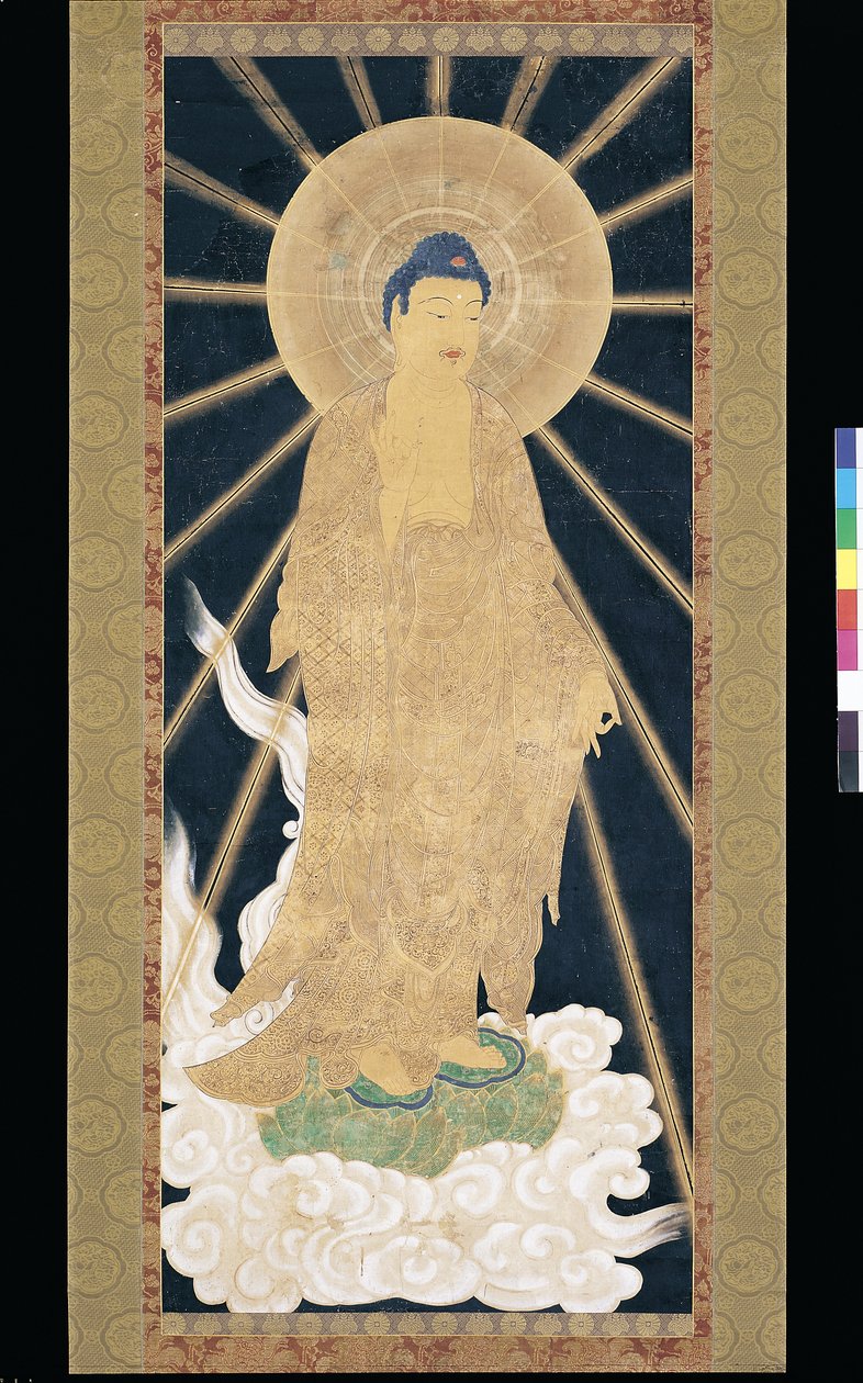 Amitabha (Amida) Triad Descending From Heaven (pigment på konshi (blått rispapir)) av Unknown artist