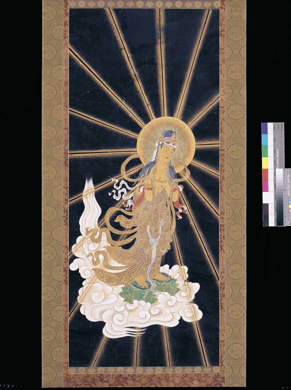 Amitabha (Amida) Triad Descending From Heaven (pigment på konshi (blått rispapir)) av Unknown artist