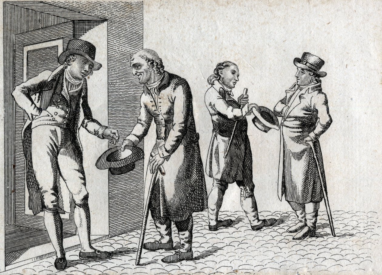 Amone. Tiggere pleier hatter for å romme mynter. Sluttgravering av 1700-tallet. Privat samling. av Unknown artist