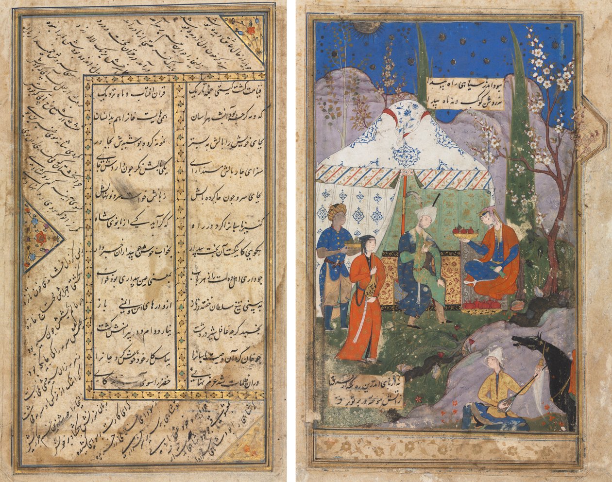En episode fra historien om den sasaniske kongen Khusrau og hans elskede Shirin, fra en Khamsa (kvintett) fra Nizami (1141–1209) (verso); Persiske vers fra en Haft Awrang (Seven Thrones) av Jami (d. 1492) (recto) av Unknown artist