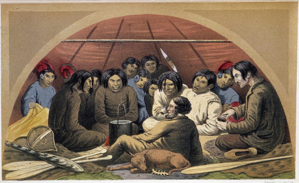 Et indisk besøk til Otelne i teltet hans - i "" Exploration of the Labrador Peninsula"" av Hind, London av Unknown artist