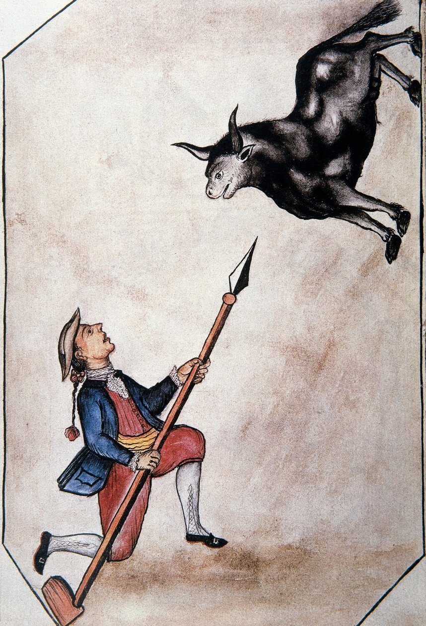 En indianer som peker fra spydet til en okse, fra boken "Trujillo of Peru" eller "Codex Martinez Companion", av Baltazar Martinez Companion og Bujanda, biskop av Trujillo (1782-1785) av Unknown artist